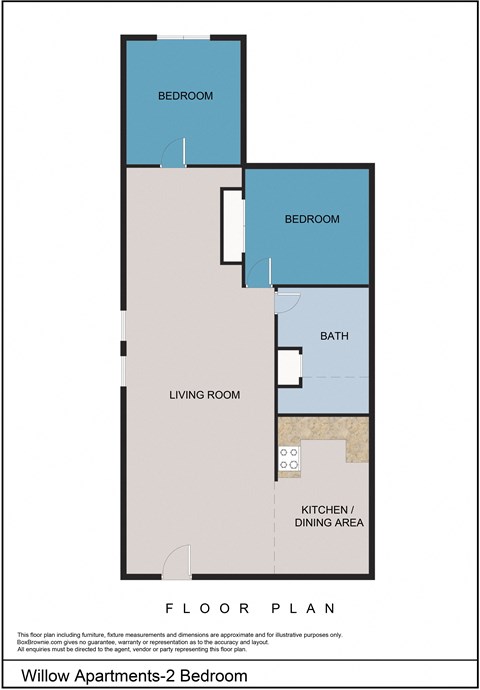 Floor plan for 2 beds, 1 bath, 800 sqft